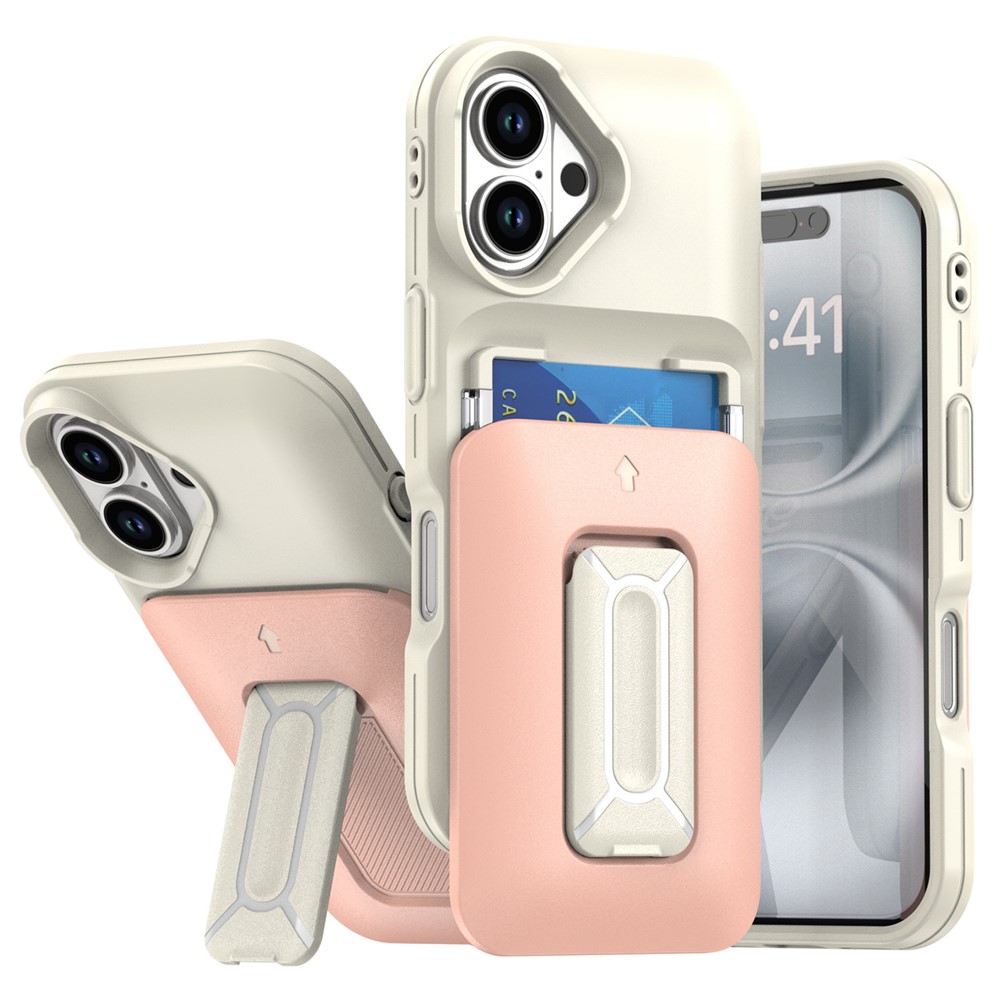 For iPhone 16 Plus Case Card Holder Kickstand TPU + PC Shockproof Phone Cover - Beige + Light Pink