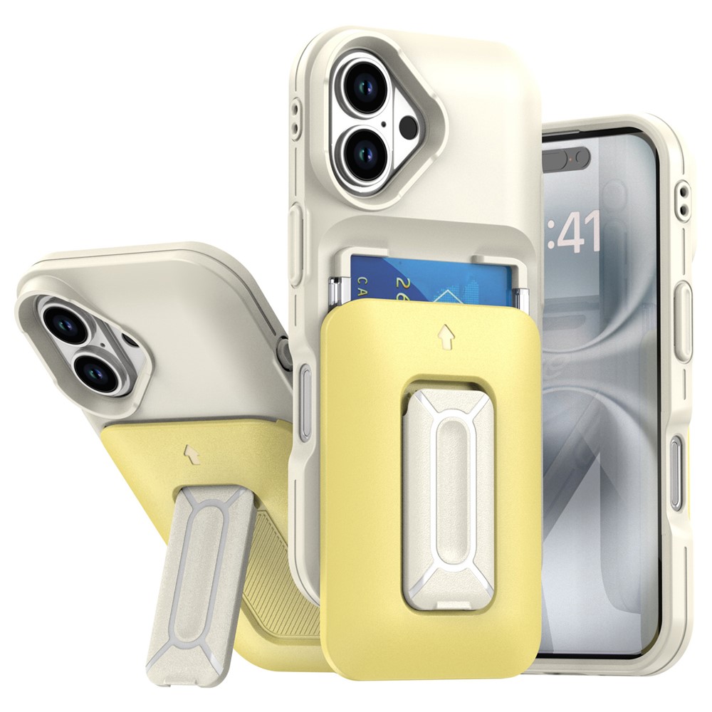 For iPhone 16 Plus Case Card Holder Kickstand TPU + PC Shockproof Phone Cover - Beige + Light Yellow