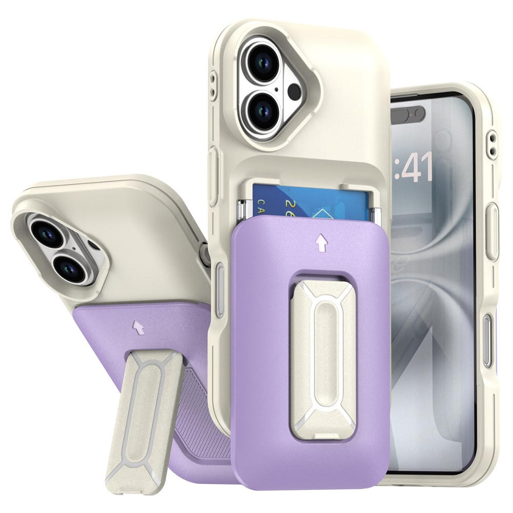 For iPhone 16 Plus Case Card Holder Kickstand TPU + PC Shockproof Phone Cover - Beige + Light Purple