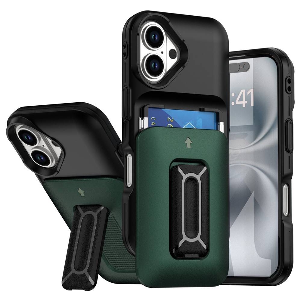 For iPhone 16 Plus Case Card Holder Kickstand TPU + PC Shockproof Phone Cover - Black + Green