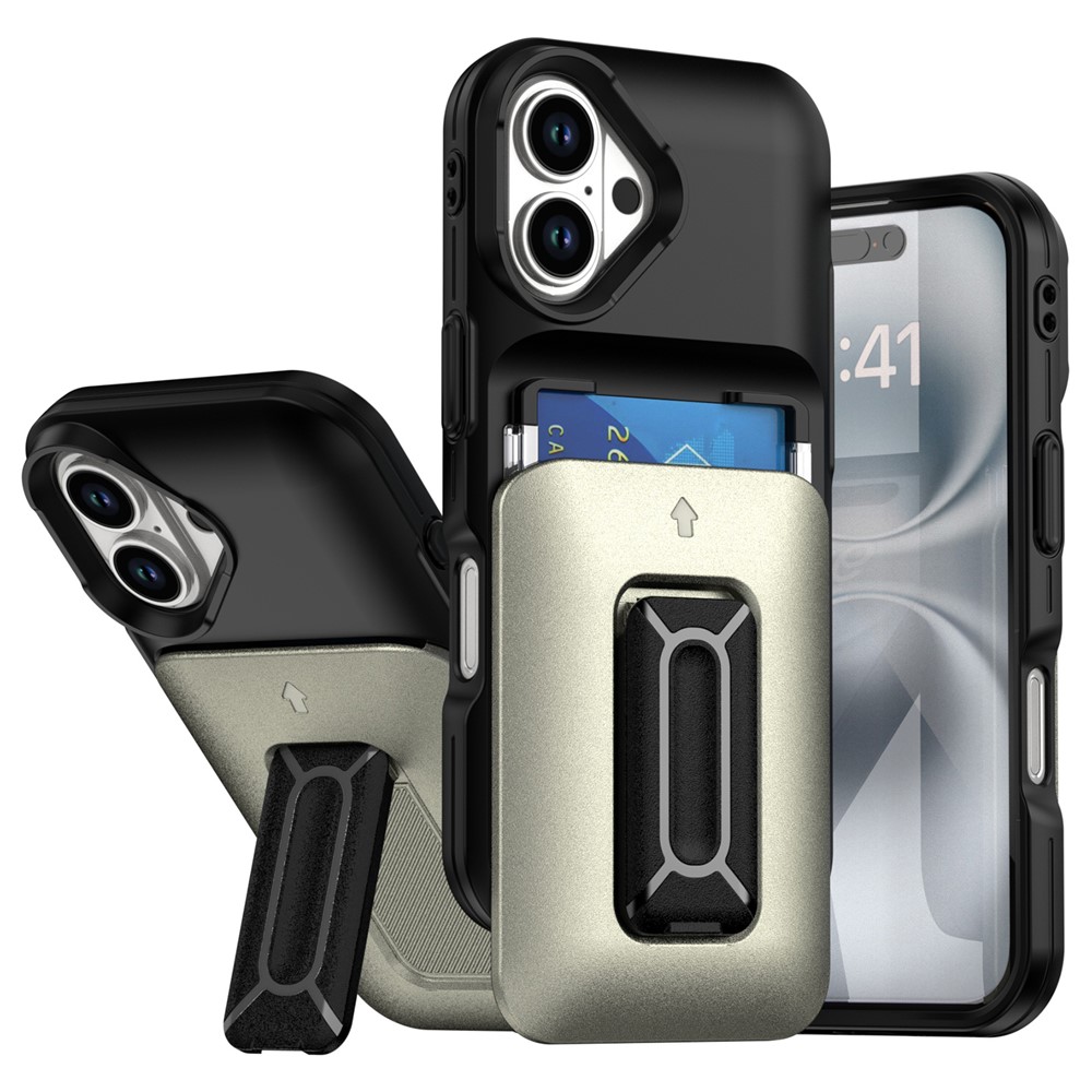 For iPhone 16 Plus Case Card Holder Kickstand TPU + PC Shockproof Phone Cover - Black + Gold