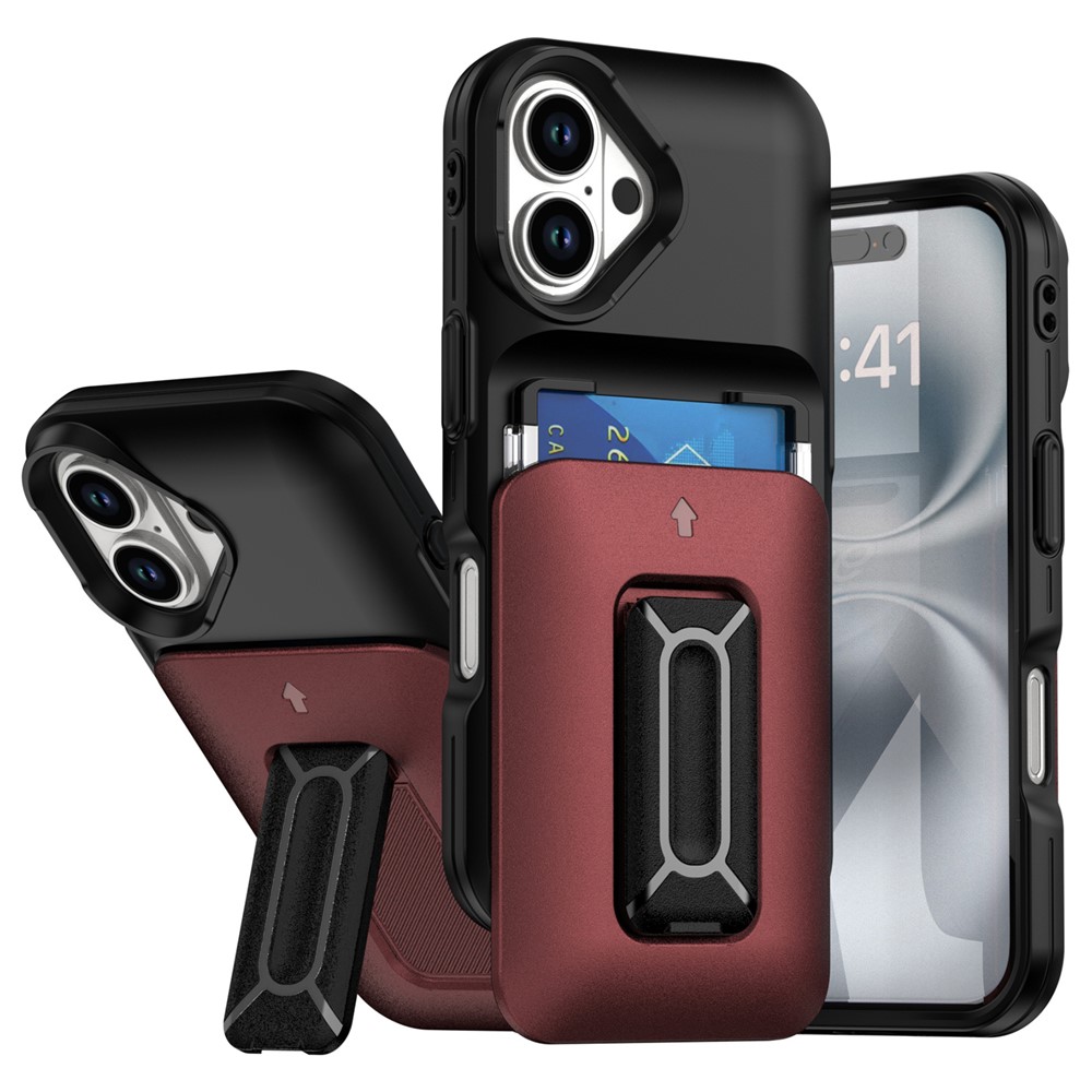 For iPhone 16 Plus Case Card Holder Kickstand TPU + PC Shockproof Phone Cover - Black + Red