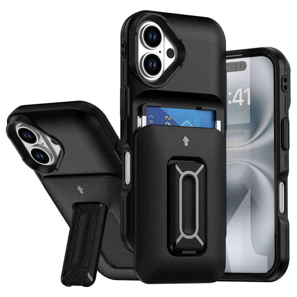 For iPhone 16 Plus Case Card Holder Kickstand TPU + PC Shockproof Phone Cover - Black + Black