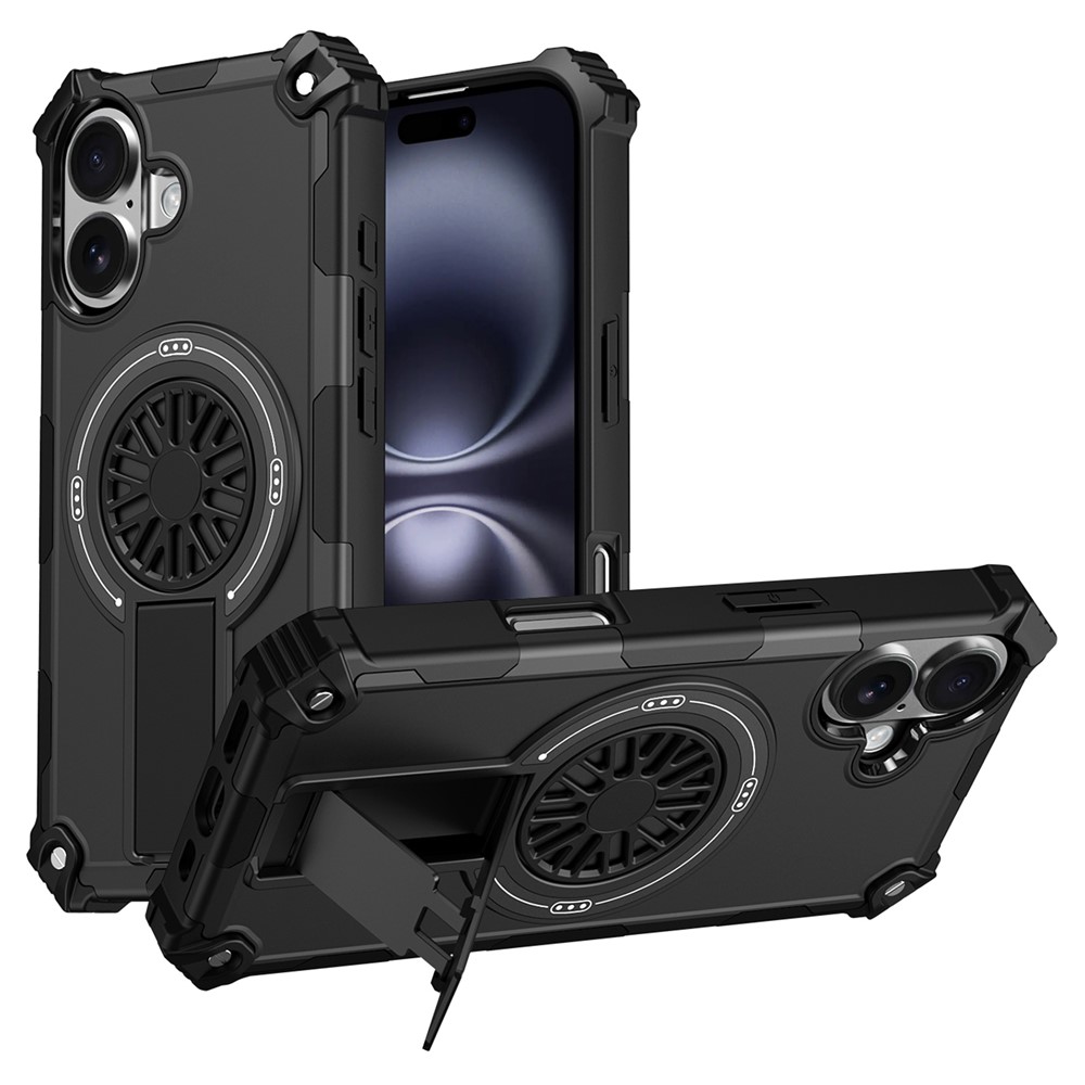 For iPhone 16 Plus Magnetic Case Kickstand TPU + PC Drop Defend Phone Cover - Black