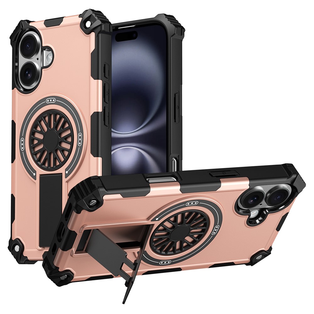 For iPhone 16 Plus Magnetic Case Kickstand TPU + PC Drop Defend Phone Cover - Rose Gold