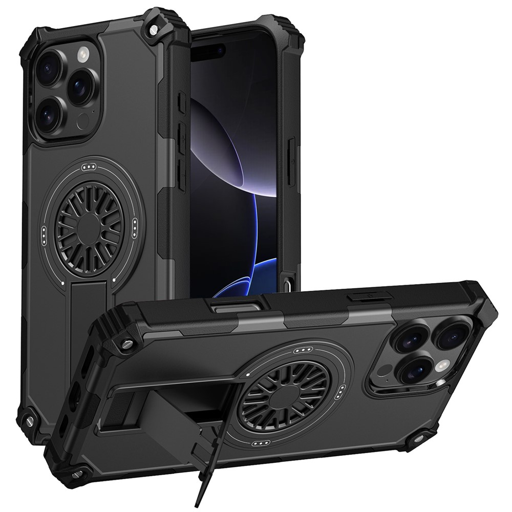 For iPhone 16 Pro Max Magnetic Case Kickstand TPU + PC Drop Defend Phone Cover - Black