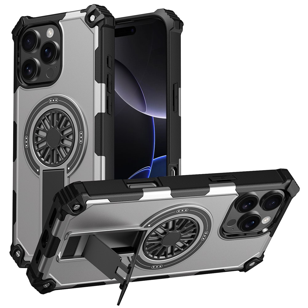 For iPhone 16 Pro Max Magnetic Case Kickstand TPU + PC Drop Defend Phone Cover - Grey
