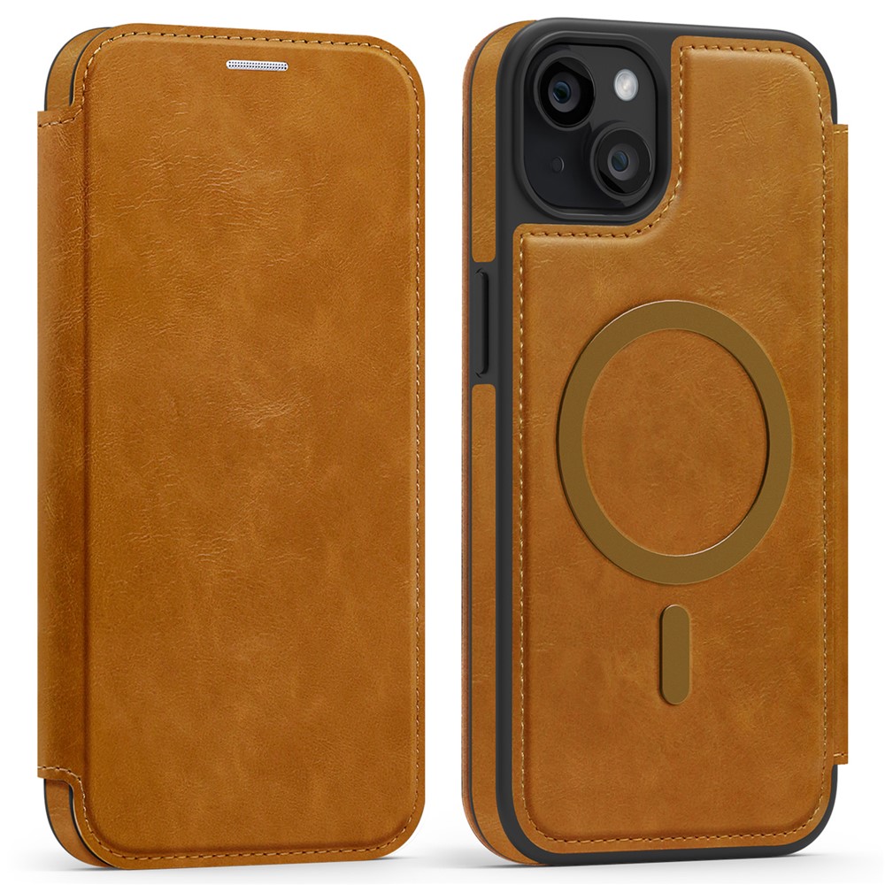 For iPhone 15 Plus Case Compatible with MagSafe RFID Blocking Card Holder Leather Phone Cover - Brown