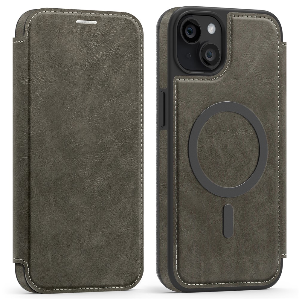 For iPhone 15 Plus Case Compatible with MagSafe RFID Blocking Card Holder Leather Phone Cover - Titanium Grey