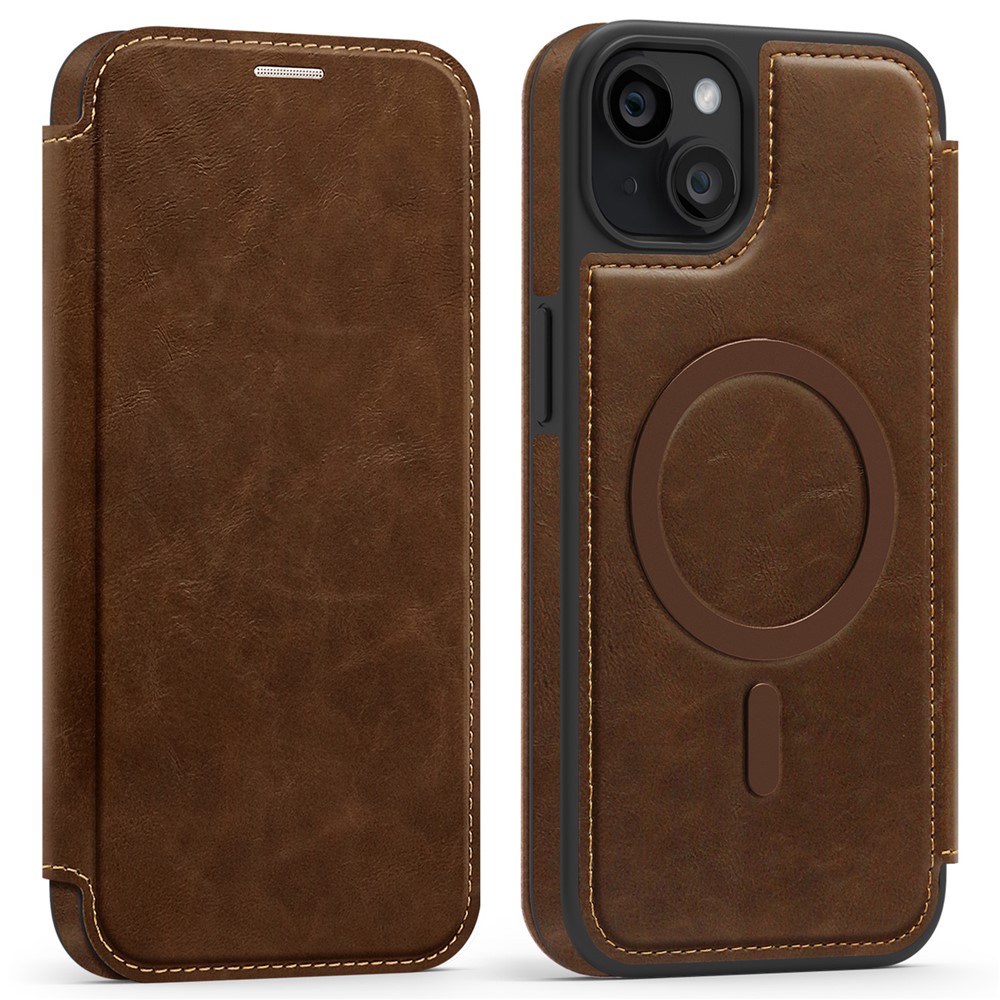 For iPhone 15 Plus Case Compatible with MagSafe RFID Blocking Card Holder Leather Phone Cover - Coffee