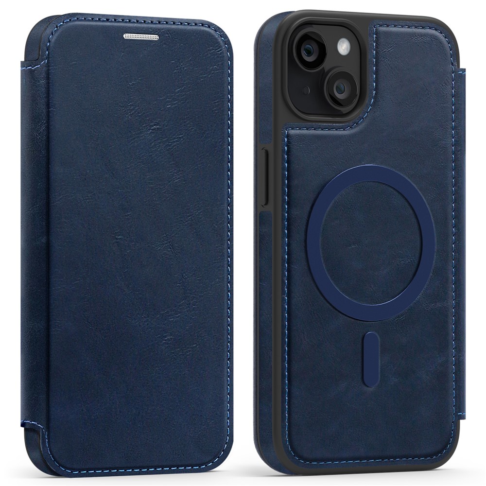 For iPhone 15 Plus Case Compatible with MagSafe RFID Blocking Card Holder Leather Phone Cover - Sapphire