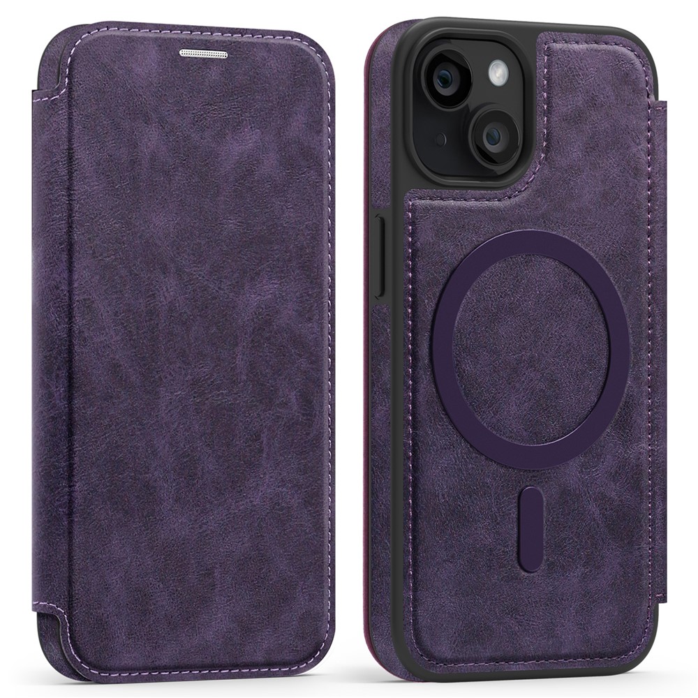 For iPhone 15 Case Compatible with MagSafe RFID Blocking Card Holder Leather Phone Cover - Dark Purple