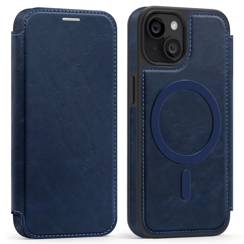 For iPhone 15 Case Compatible with MagSafe RFID Blocking Card Holder Leather Phone Cover - Sapphire