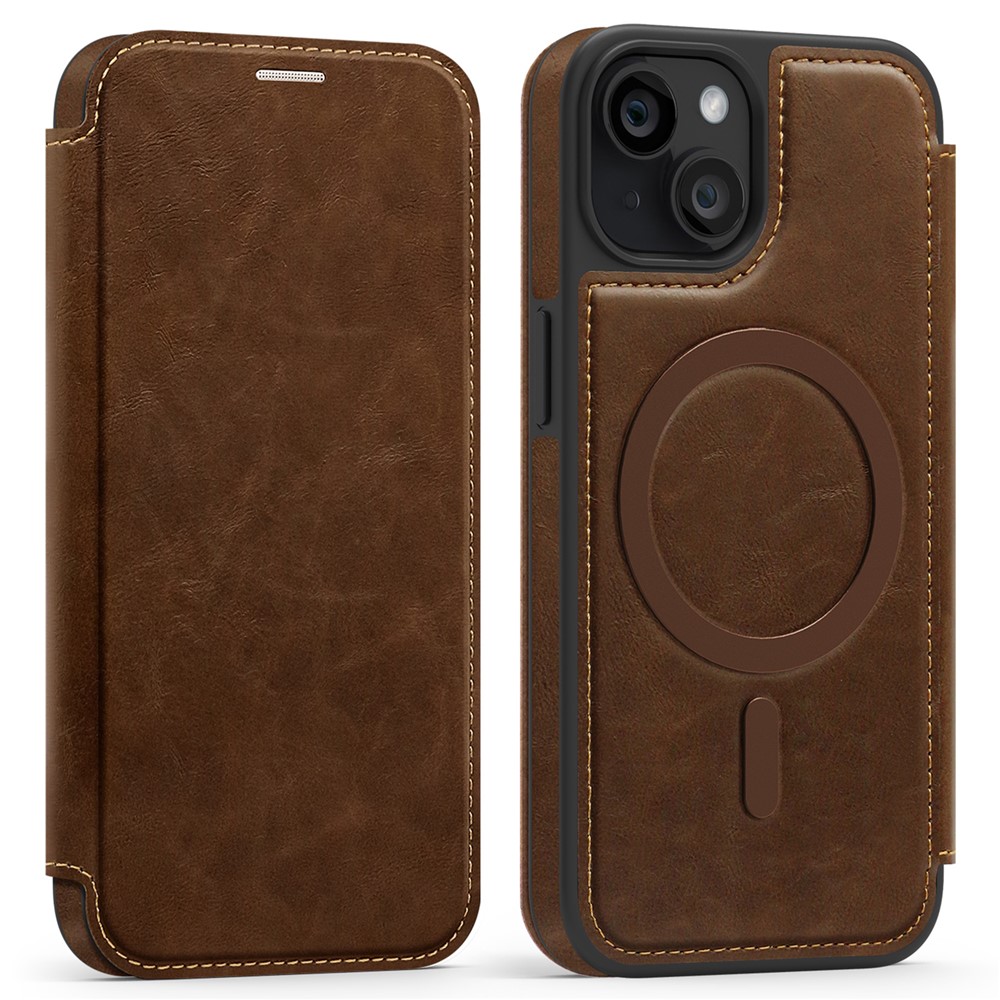 For iPhone 15 Case Compatible with MagSafe RFID Blocking Card Holder Leather Phone Cover - Coffee