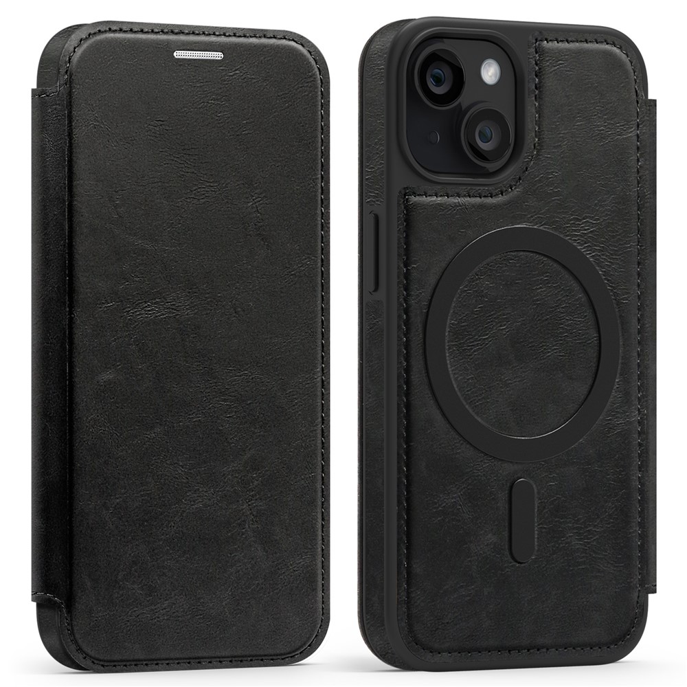 For iPhone 15 Case Compatible with MagSafe RFID Blocking Card Holder Leather Phone Cover - Black