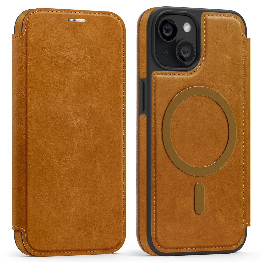 For iPhone 15 Case Compatible with MagSafe RFID Blocking Card Holder Leather Phone Cover - Brown