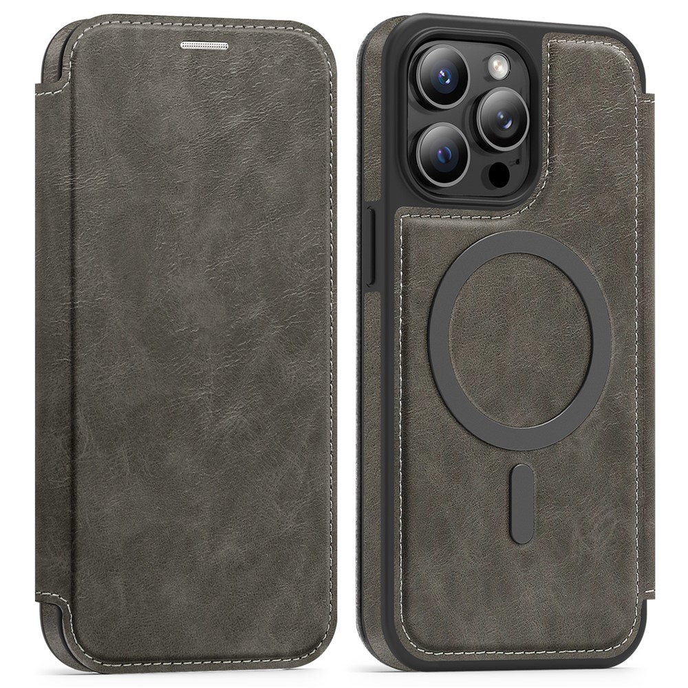 For iPhone 14 Pro Max Case Compatible with MagSafe RFID Blocking Card Holder Leather Phone Cover - Titanium Grey