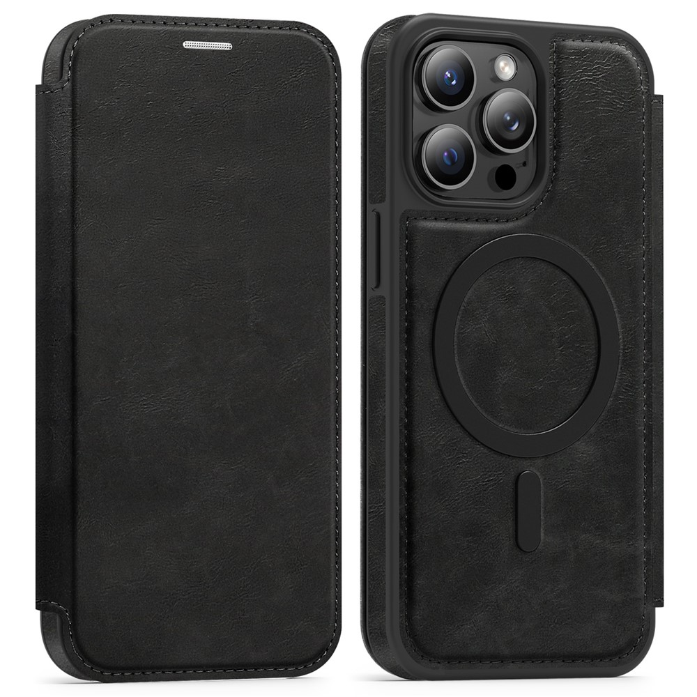 For iPhone 14 Pro Max Case Compatible with MagSafe RFID Blocking Card Holder Leather Phone Cover - Black