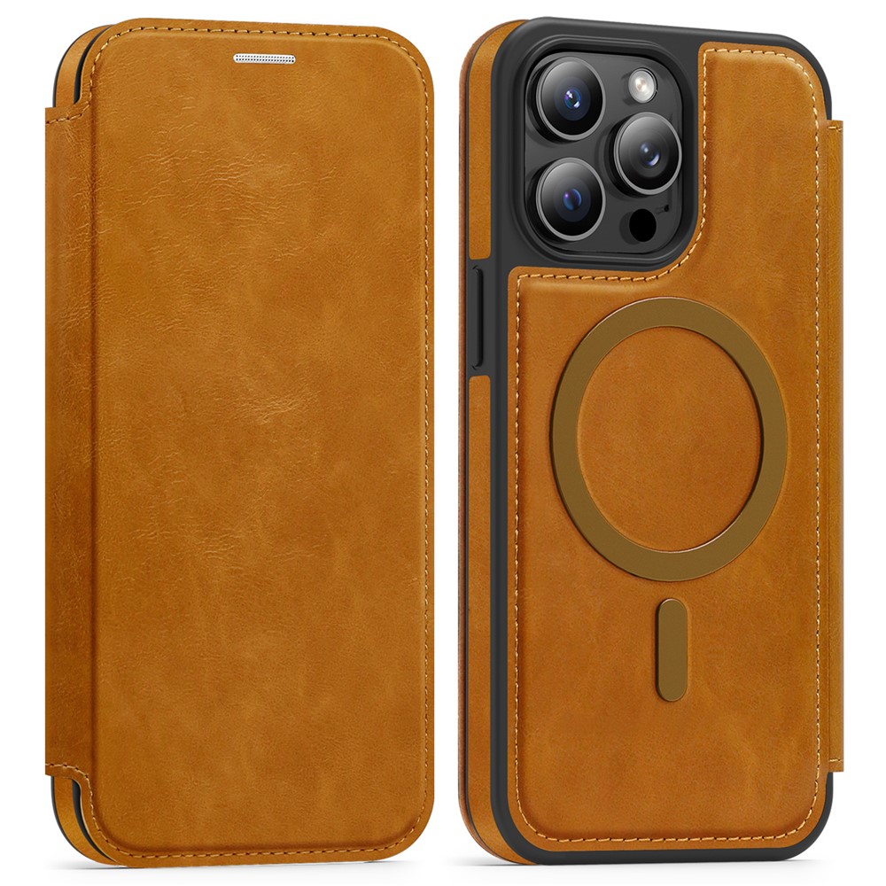 For iPhone 14 Pro Max Case Compatible with MagSafe RFID Blocking Card Holder Leather Phone Cover - Brown