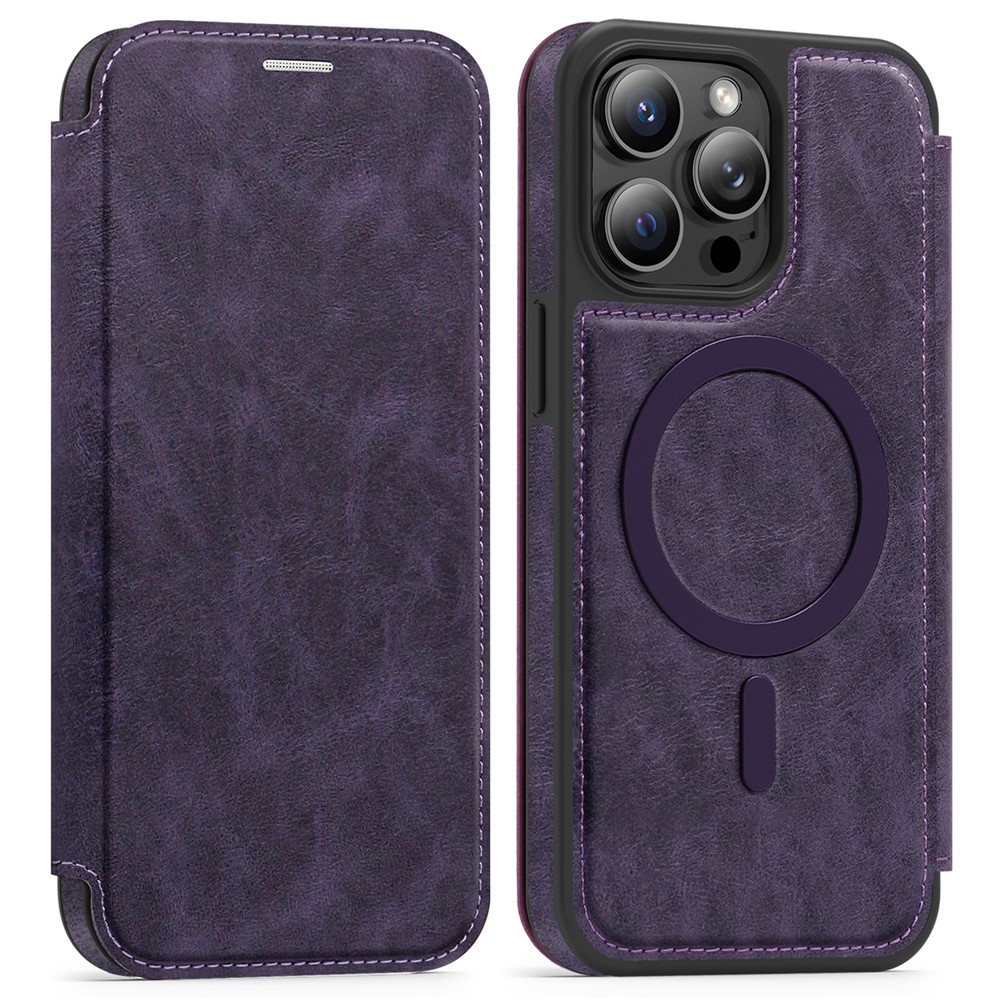 For iPhone 14 Pro Max Case Compatible with MagSafe RFID Blocking Card Holder Leather Phone Cover - Dark Purple