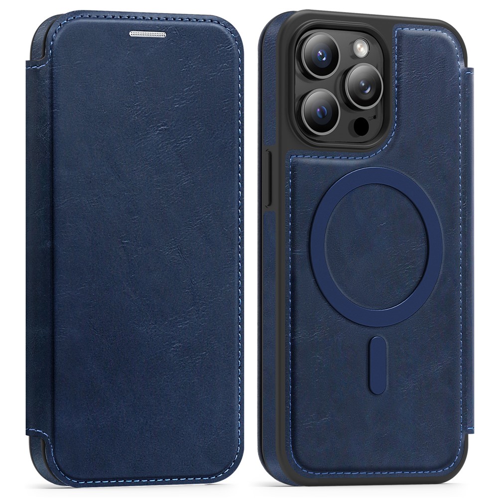 For iPhone 14 Pro Max Case Compatible with MagSafe RFID Blocking Card Holder Leather Phone Cover - Sapphire