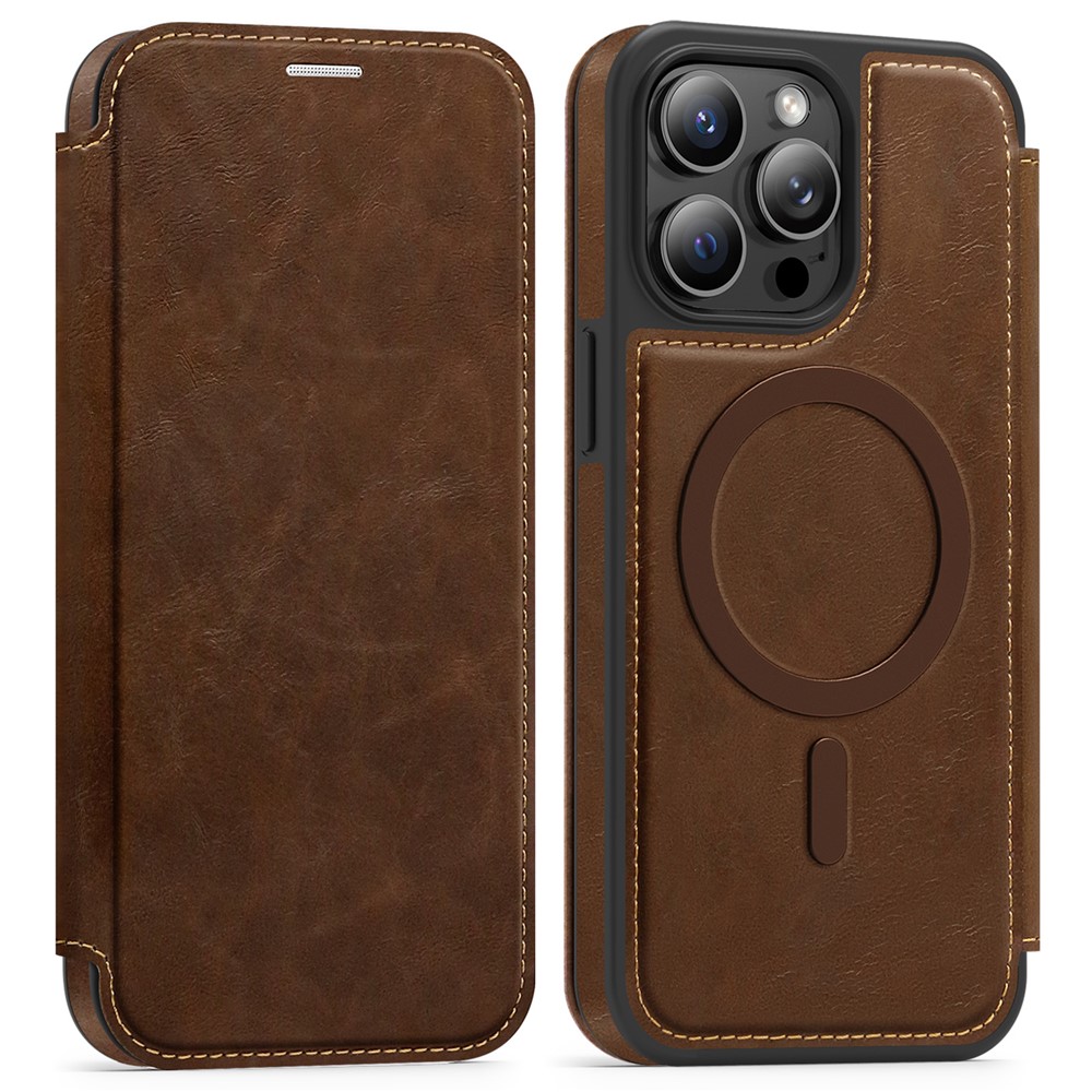 For iPhone 14 Pro Max Case Compatible with MagSafe RFID Blocking Card Holder Leather Phone Cover - Coffee