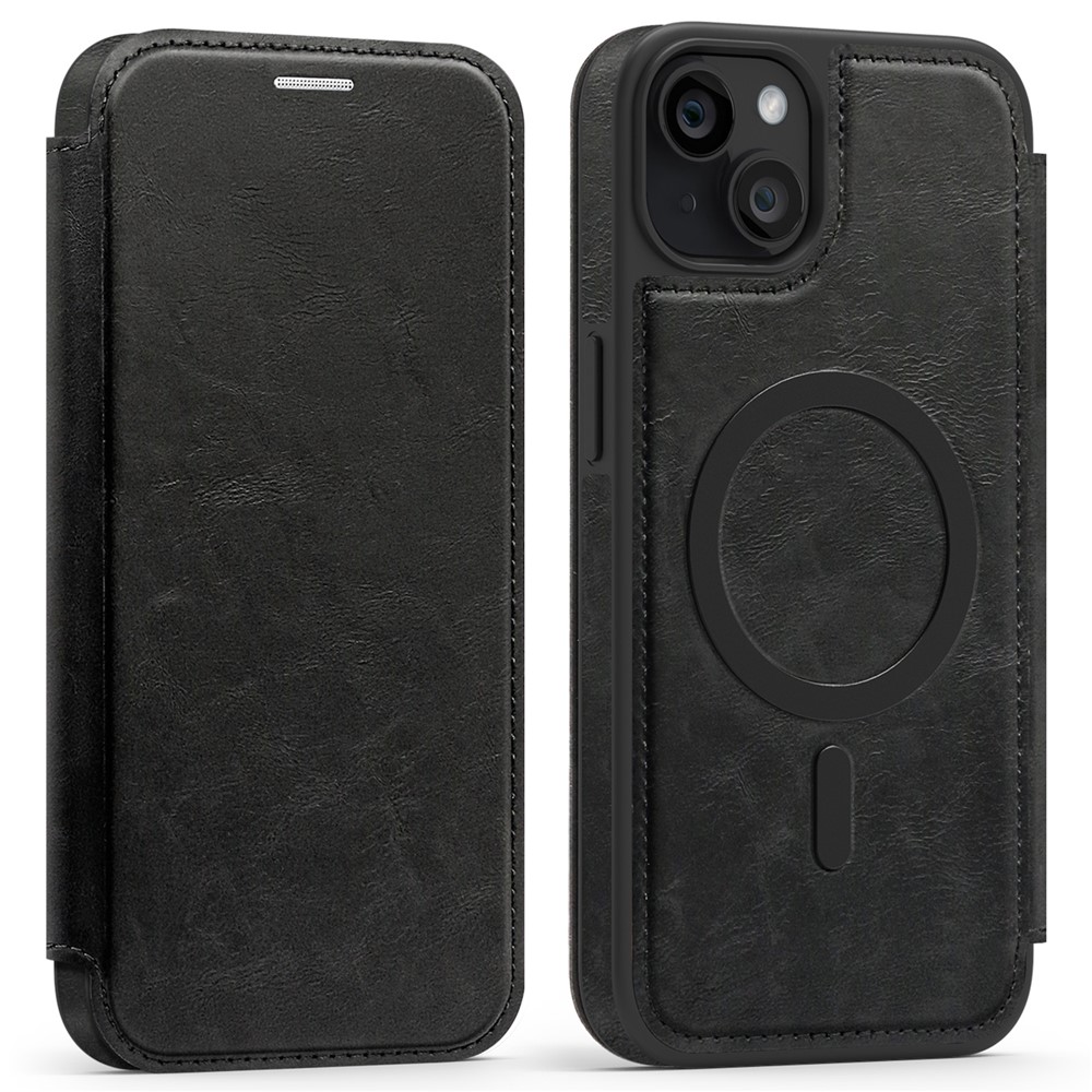 For iPhone 14 Plus Case Compatible with MagSafe RFID Blocking Card Holder Leather Phone Cover - Black