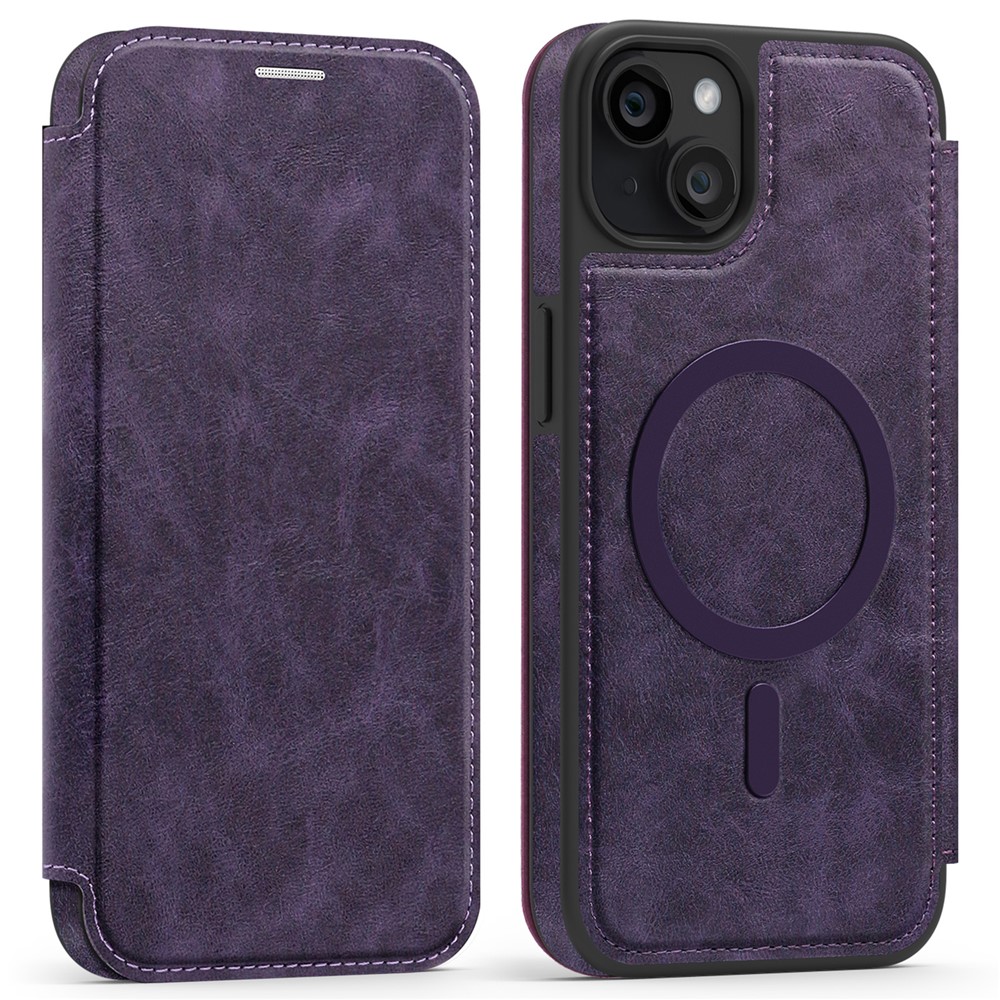 For iPhone 14 Plus Case Compatible with MagSafe RFID Blocking Card Holder Leather Phone Cover - Dark Purple