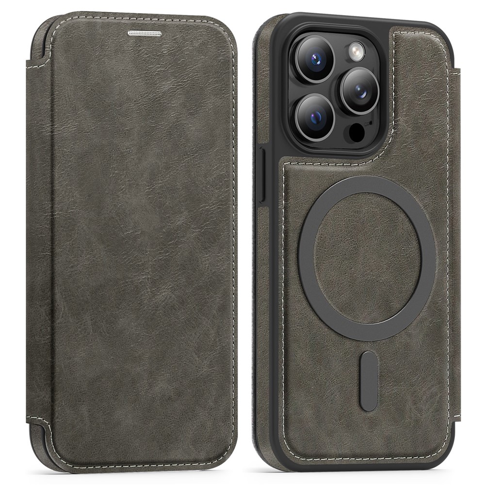 For iPhone 14 Pro Case Compatible with MagSafe RFID Blocking Card Holder Leather Phone Cover - Titanium Grey