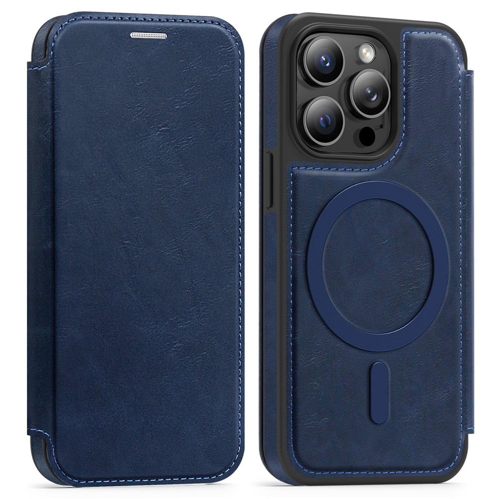 For iPhone 14 Pro Case Compatible with MagSafe RFID Blocking Card Holder Leather Phone Cover - Sapphire