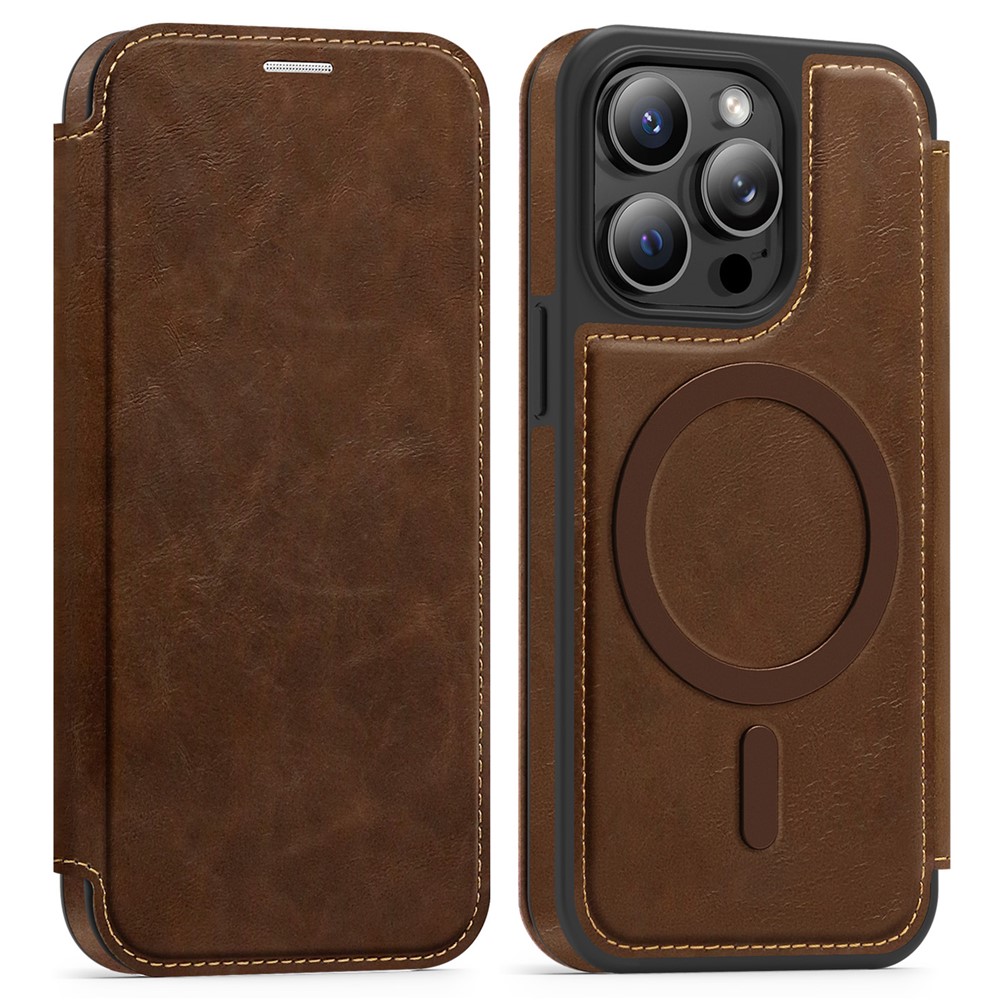 For iPhone 14 Pro Case Compatible with MagSafe RFID Blocking Card Holder Leather Phone Cover - Coffee