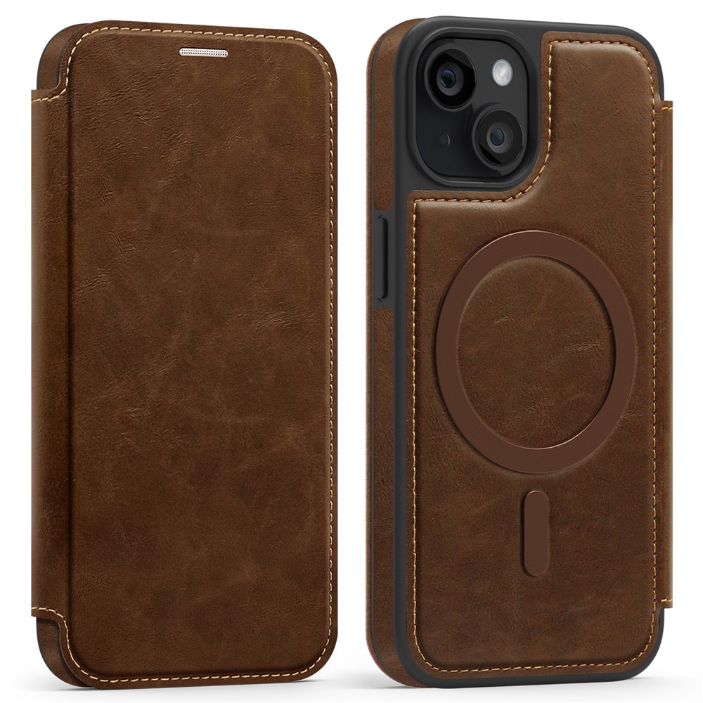 For iPhone 14 Case Compatible with MagSafe RFID Blocking Card Holder Leather Phone Cover - Coffee