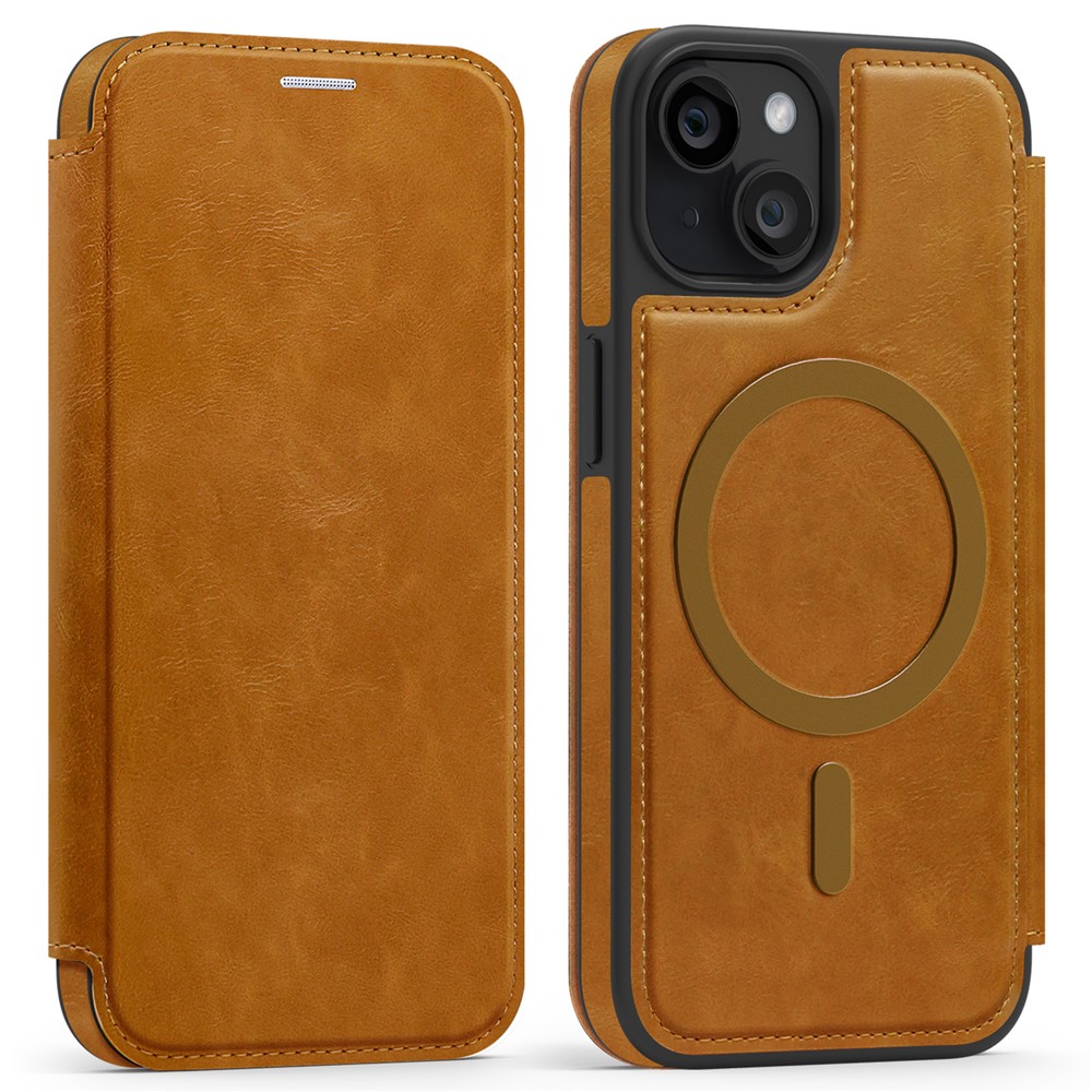 For iPhone 14 Case Compatible with MagSafe RFID Blocking Card Holder Leather Phone Cover - Brown