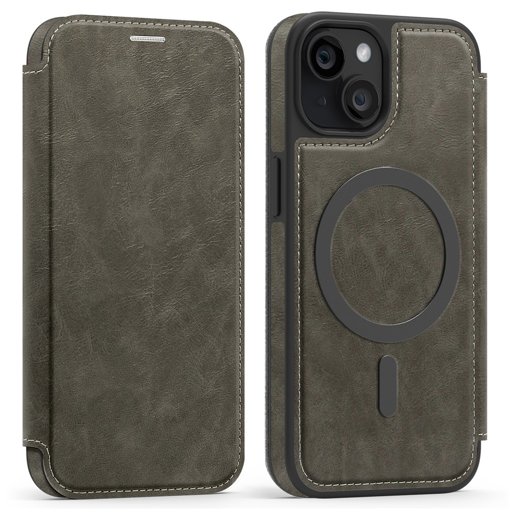 For iPhone 14 Case Compatible with MagSafe RFID Blocking Card Holder Leather Phone Cover - Titanium Grey