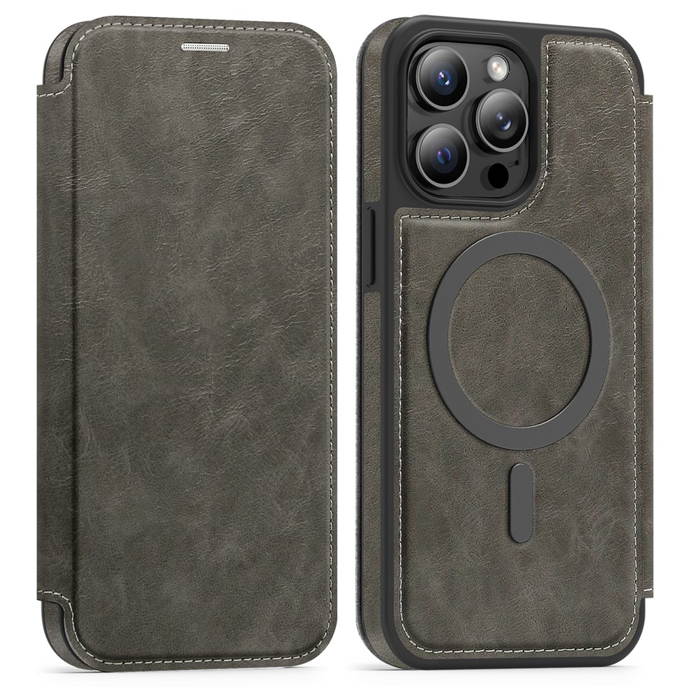 For iPhone 13 Pro Max Case Compatible with MagSafe RFID Blocking Card Holder Leather Phone Cover - Titanium Grey