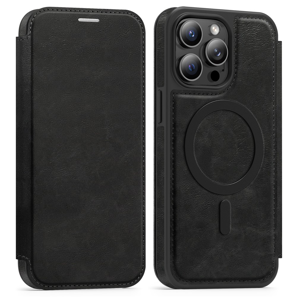 For iPhone 13 Pro Max Case Compatible with MagSafe RFID Blocking Card Holder Leather Phone Cover - Black