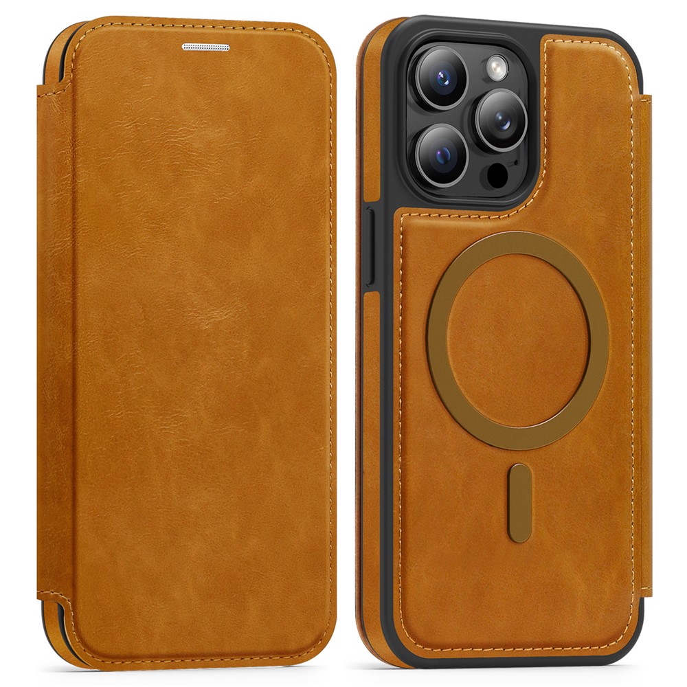 For iPhone 13 Pro Max Case Compatible with MagSafe RFID Blocking Card Holder Leather Phone Cover - Brown