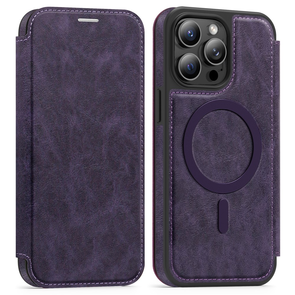 For iPhone 13 Pro Max Case Compatible with MagSafe RFID Blocking Card Holder Leather Phone Cover - Dark Purple