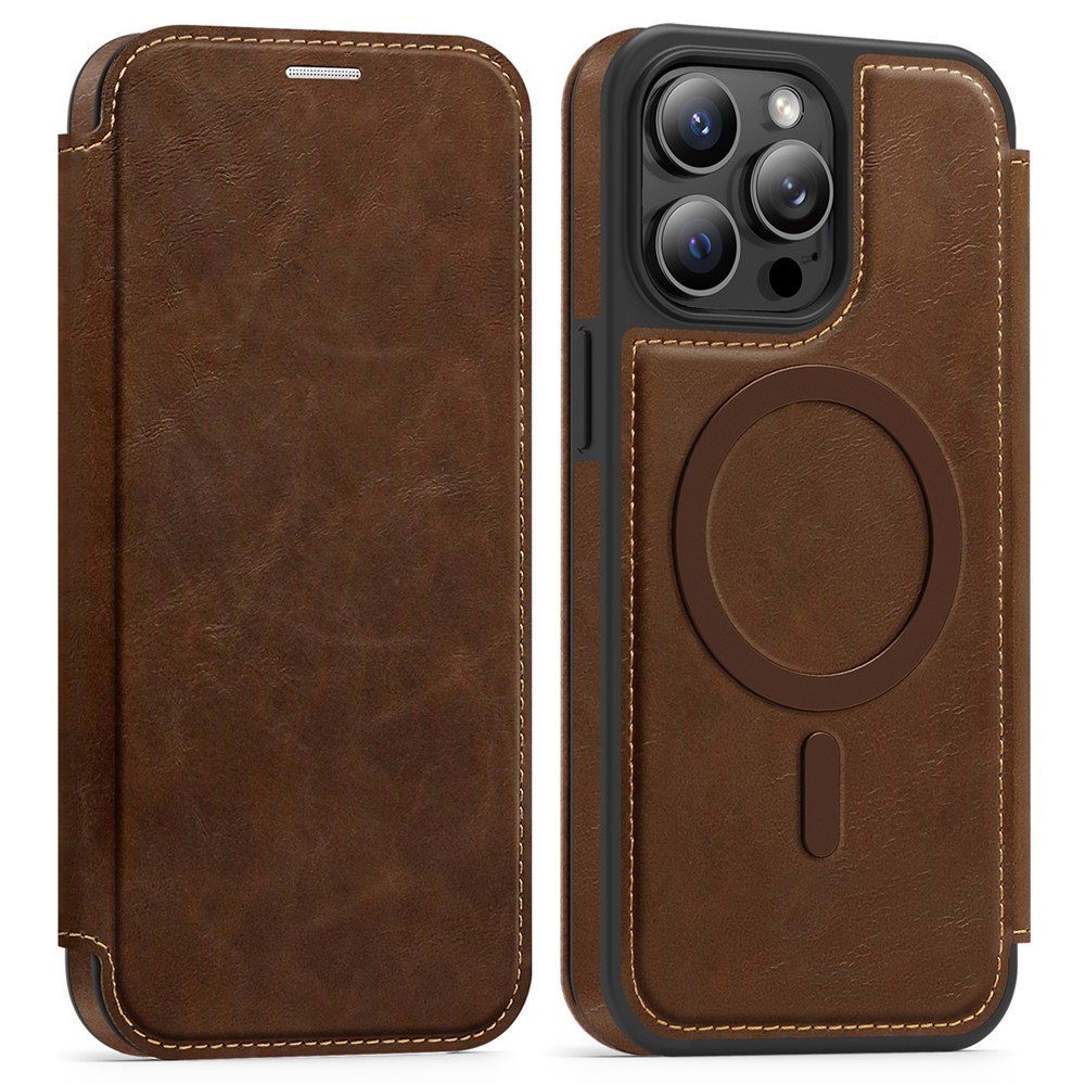 For iPhone 13 Pro Max Case Compatible with MagSafe RFID Blocking Card Holder Leather Phone Cover - Coffee