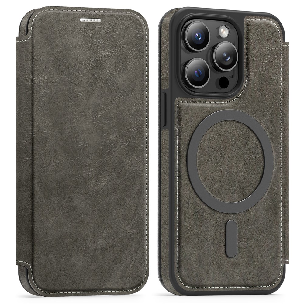 For iPhone 13 Pro Case Compatible with MagSafe RFID Blocking Card Holder Leather Phone Cover - Titanium Grey