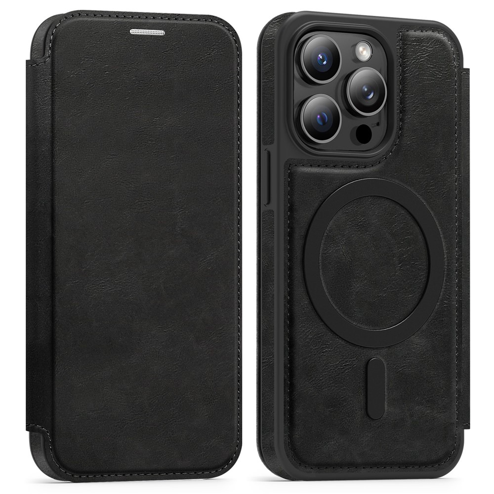 For iPhone 13 Pro Case Compatible with MagSafe RFID Blocking Card Holder Leather Phone Cover - Black