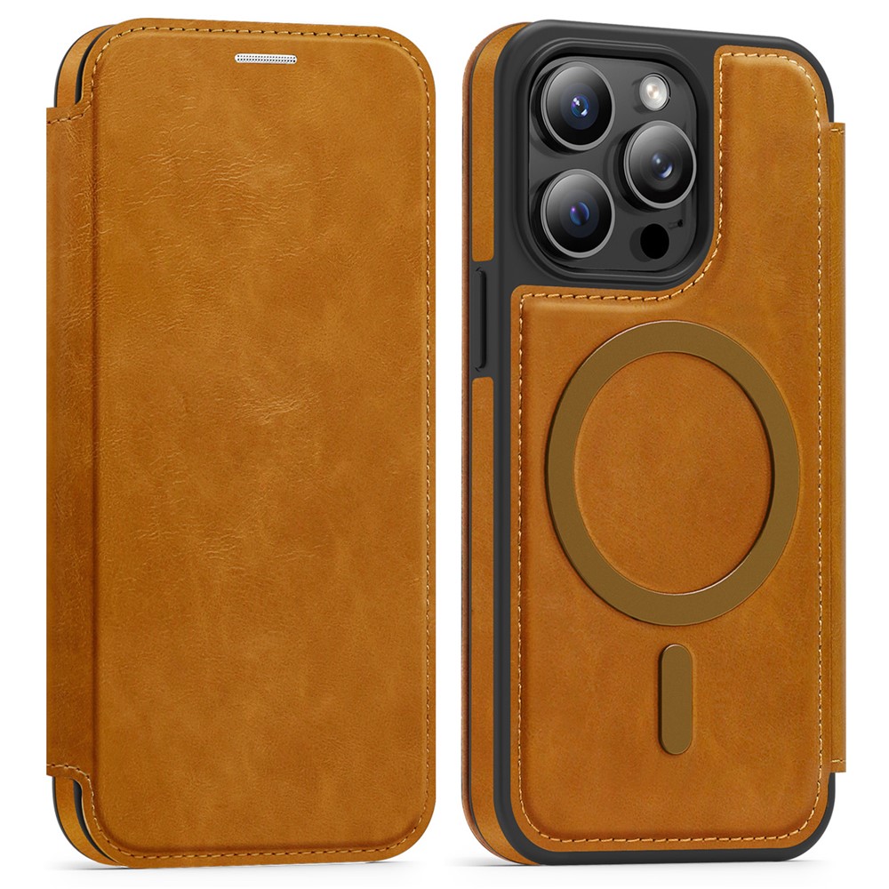 For iPhone 13 Pro Case Compatible with MagSafe RFID Blocking Card Holder Leather Phone Cover - Brown