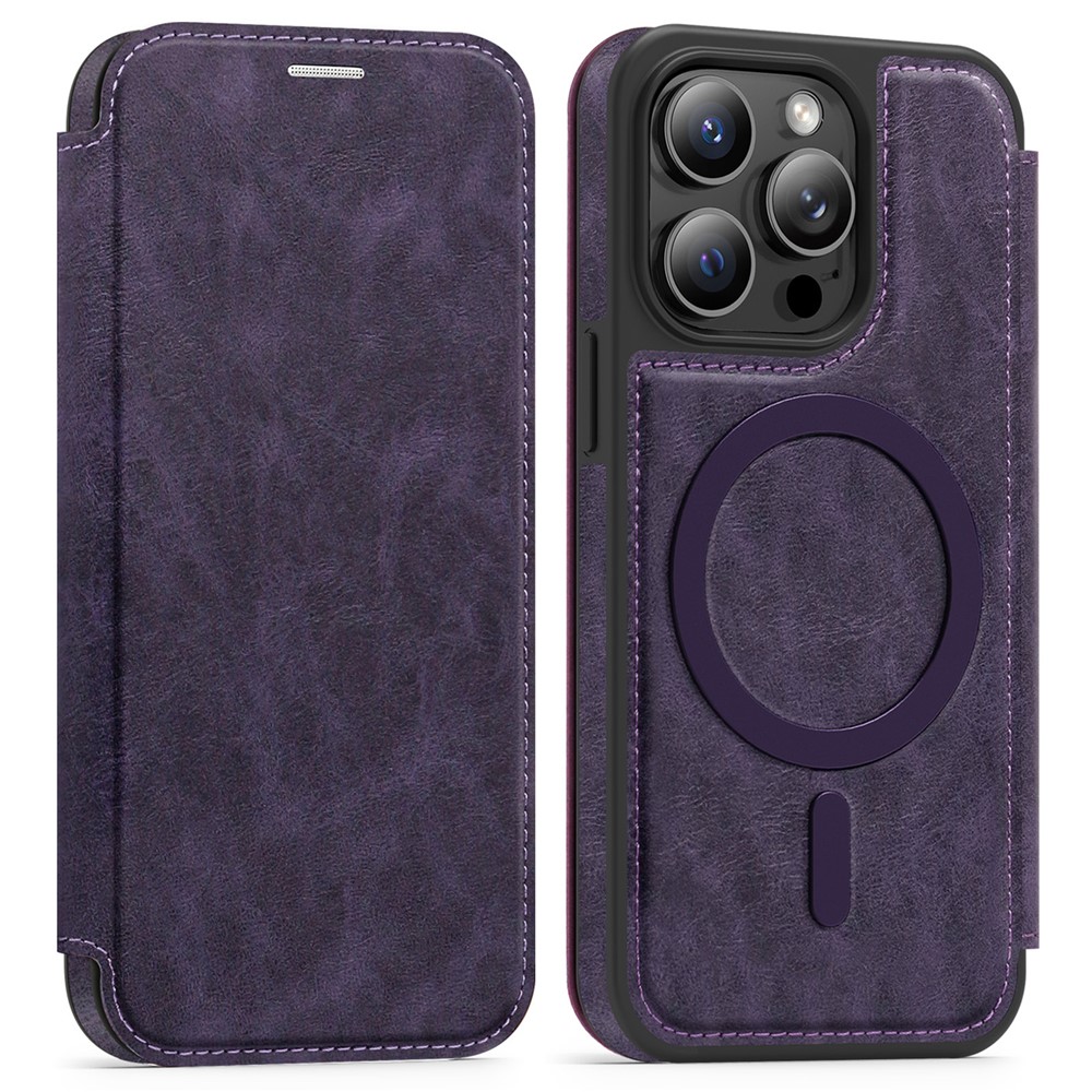 For iPhone 13 Pro Case Compatible with MagSafe RFID Blocking Card Holder Leather Phone Cover - Dark Purple