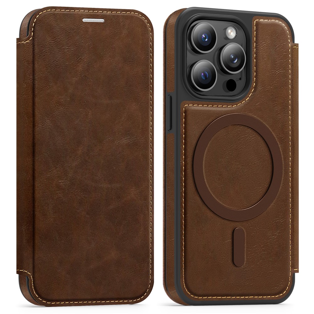 For iPhone 13 Pro Case Compatible with MagSafe RFID Blocking Card Holder Leather Phone Cover - Coffee