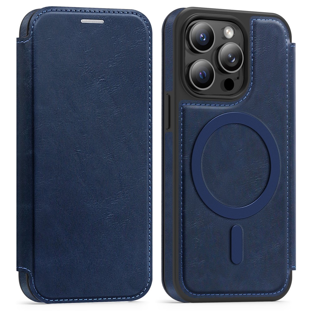 For iPhone 13 Pro Case Compatible with MagSafe RFID Blocking Card Holder Leather Phone Cover - Sapphire