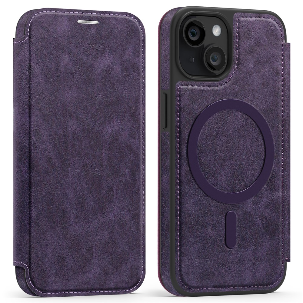 For iPhone 13 Case Compatible with MagSafe RFID Blocking Card Holder Leather Phone Cover - Dark Purple