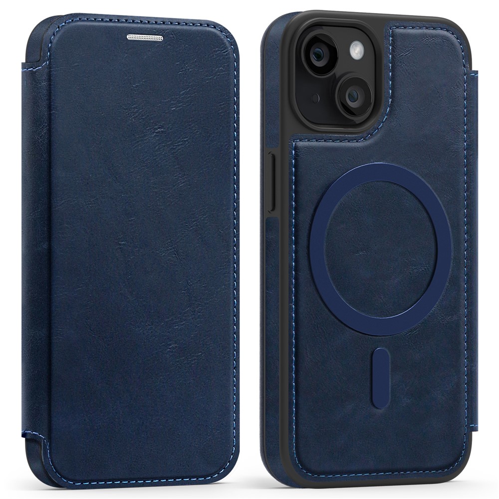 For iPhone 13 Case Compatible with MagSafe RFID Blocking Card Holder Leather Phone Cover - Sapphire