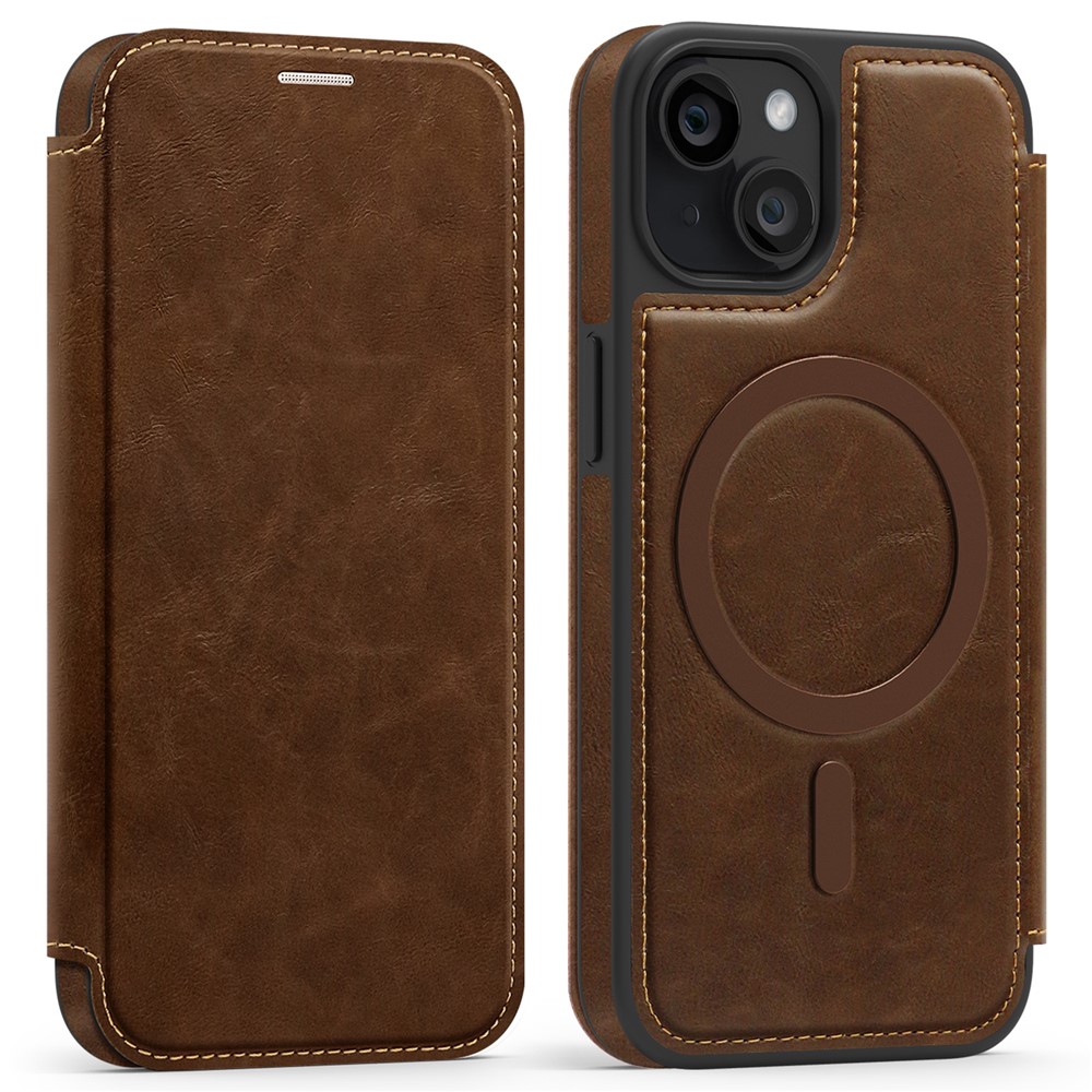 For iPhone 13 Case Compatible with MagSafe RFID Blocking Card Holder Leather Phone Cover - Coffee