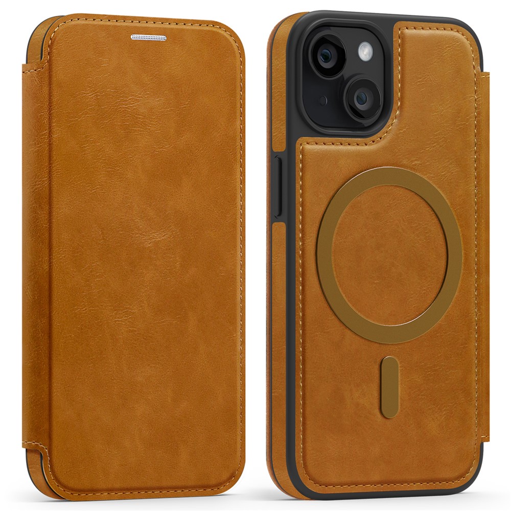 For iPhone 13 Case Compatible with MagSafe RFID Blocking Card Holder Leather Phone Cover - Brown