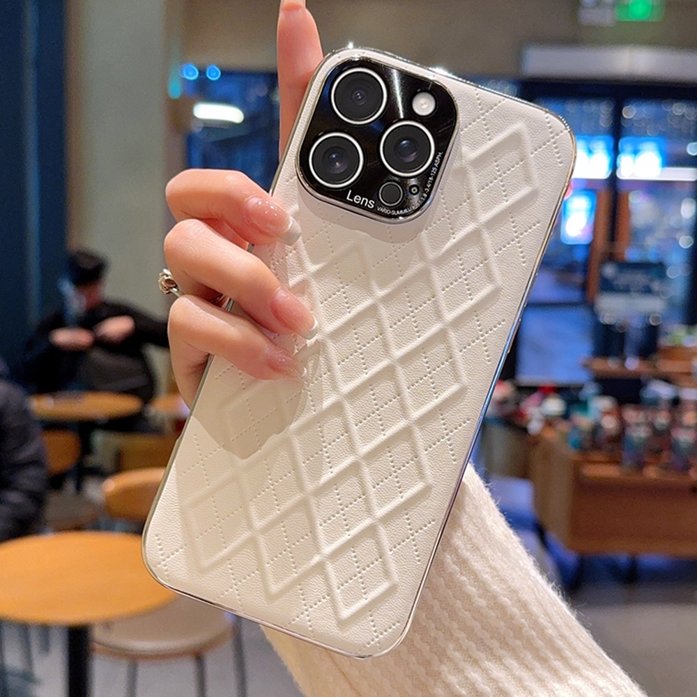 For iPhone 16 Pro Max Case Electroplated Silver Edge Rhombus Pattern PC + PU Leather Phone Back Cover - White